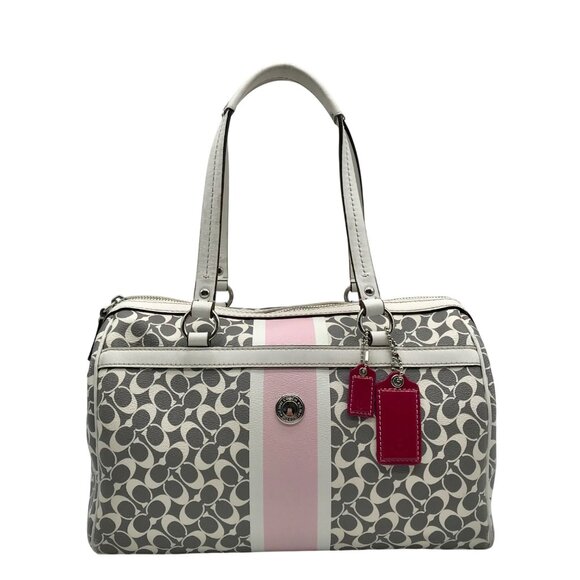 Coach Gray Pebbled Leather Signature Stripe Heritage Satchel Bag F15132 - Picture 1 of 11